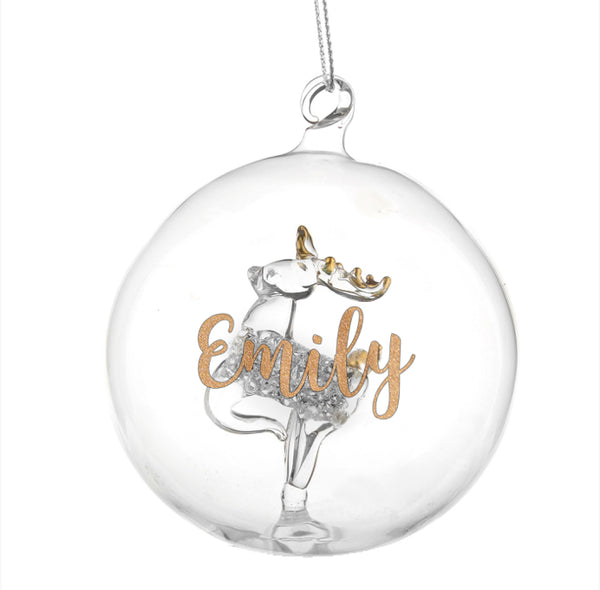 Personalised Gold Glitter Name Only Reindeer Glass Bauble