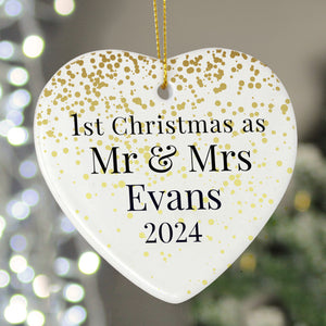 Personalised Mr and Mrs 1st Christmas Ceramic Heart Decoration