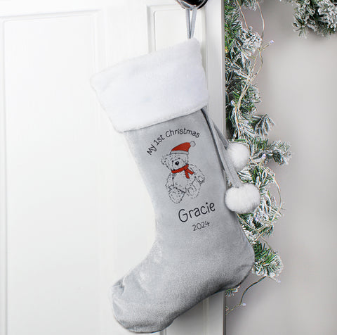 Personalised My 1st Christmas Teddy Silver Grey Stocking