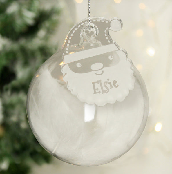 Personalised White Santa Feather Glass Bauble