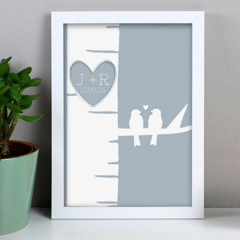 Personalised Grey Love Birds White A4 Framed Print