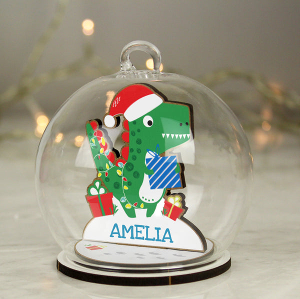 Personalised Wooden Dinosaur Glass Bauble