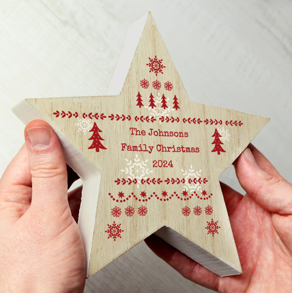 Personalised Christmas Fair Isle Wooden Star Ornament