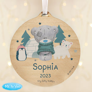 Personalised Winter Explorer Tiny Tatty Teddy Round Wooden Decoration