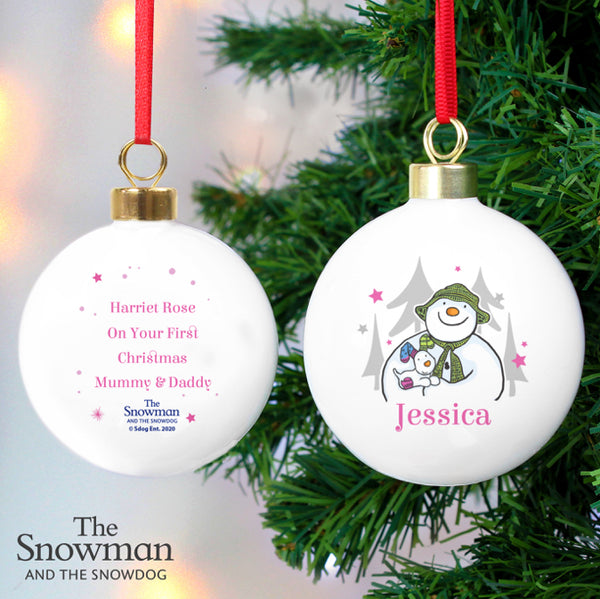 Personalised The Snowman and the Snowdog Pink Bauble