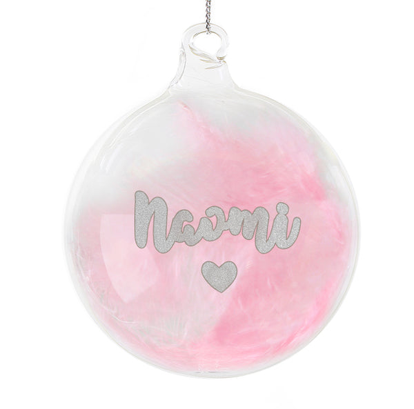 Personalised Pink Feather Silver Heart Glass Bauble