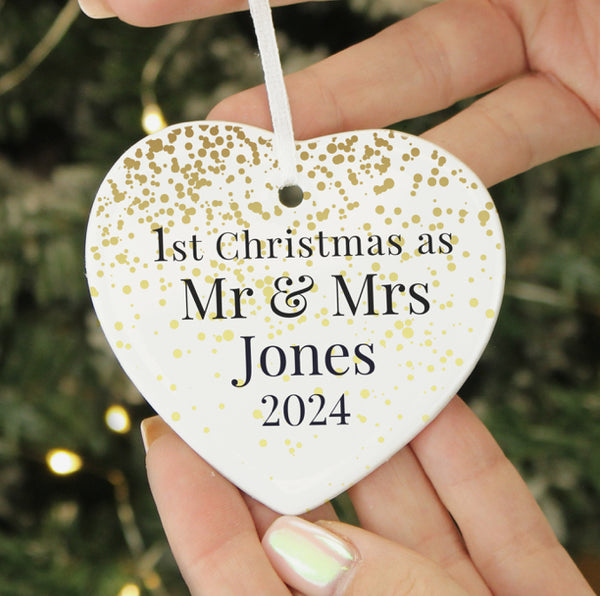 Personalised Mr and Mrs 1st Christmas Ceramic Heart Decoration