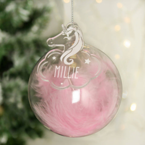 Personalised Pink Feather Glass Bauble With Unicorn Tag