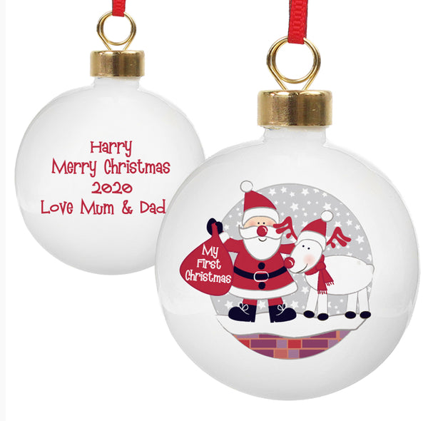 Personalised Rooftop Santa First Christmas Bauble