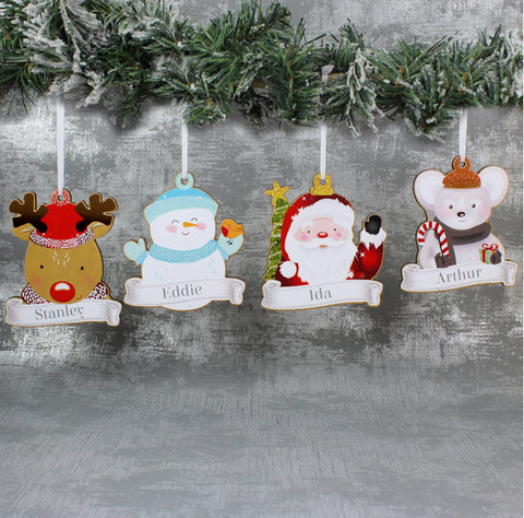 Personalised Set of Four Colourful Christmas Characters Wooden Hanging Decorations