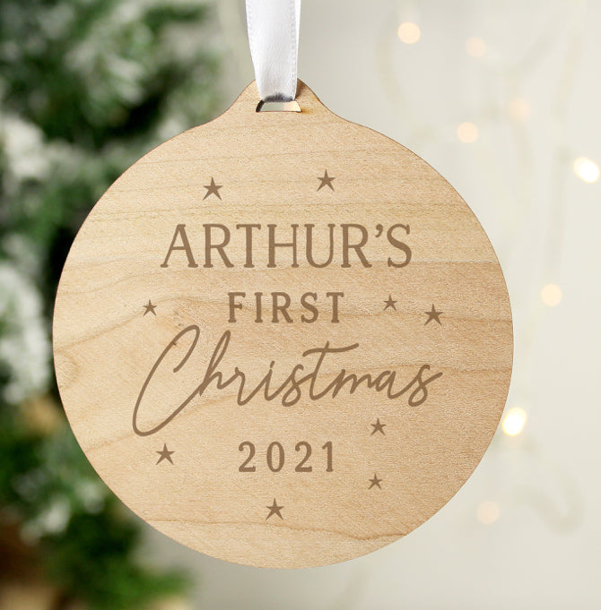 Personalised Baby's First Christmas Round Wooden Decoration