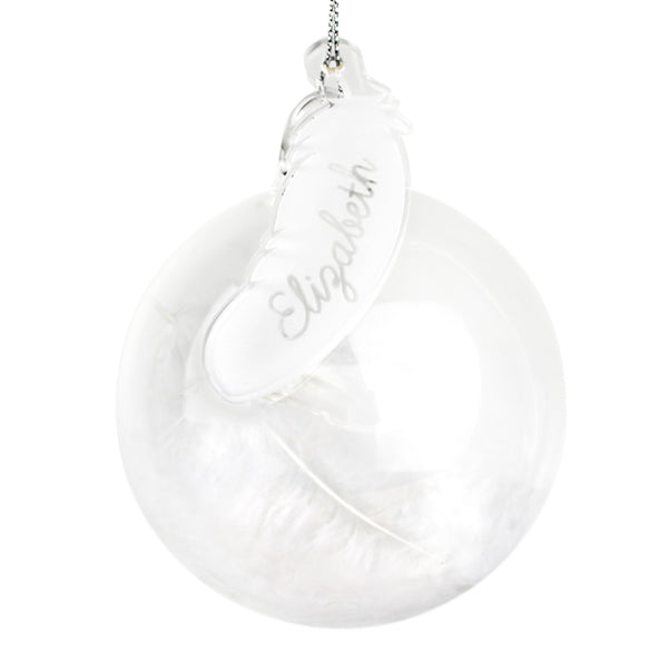 Personalised White Feather Glass Bauble