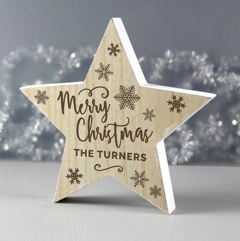 Personalised Merry Christmas Rustic Wooden Star Decoration