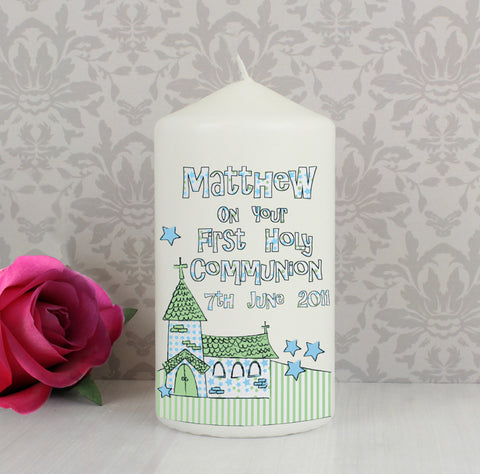 Personalised Whimsical Church Blue 1st Holy Communion Pillar Candle