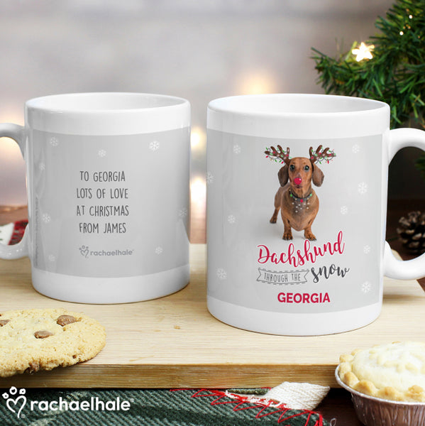 Personalised Rachael Hale Christmas Dachshund Through the Snow Mug