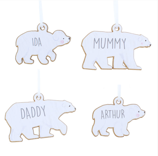 Personalised Set of Four Polar Bear Family Wooden Hanging Decorations