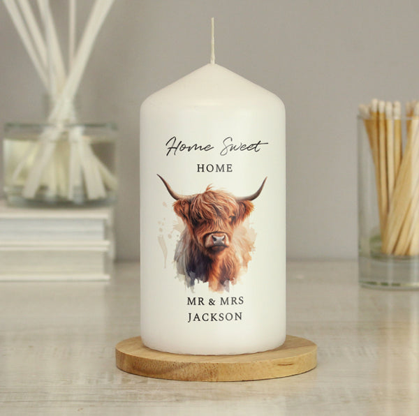 Personalised Highland Cow Pillar Candle