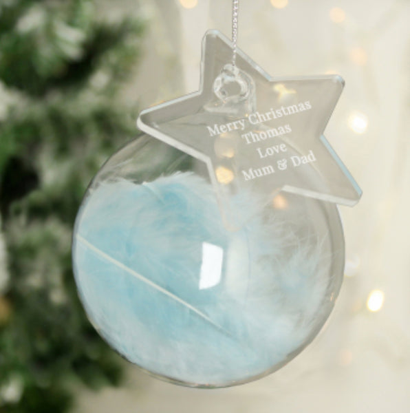 Personalised Free Text Blue Feather Glass Bauble With Star Tag