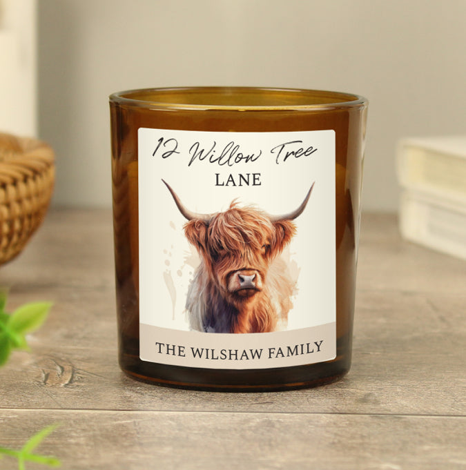 Personalised Highland Cow Amber Glass Candle