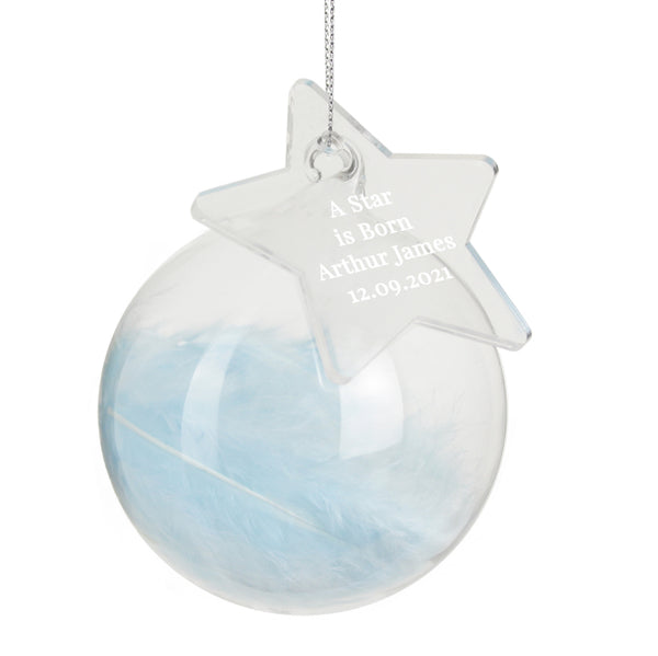 Personalised Free Text Blue Feather Glass Bauble With Star Tag