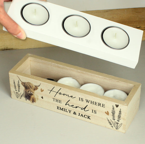 Personalised Highland Cow Triple Tea Light Box