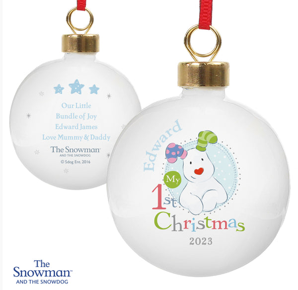 Personalised The Snowman and the Snowdog My 1st Christmas Blue Bauble