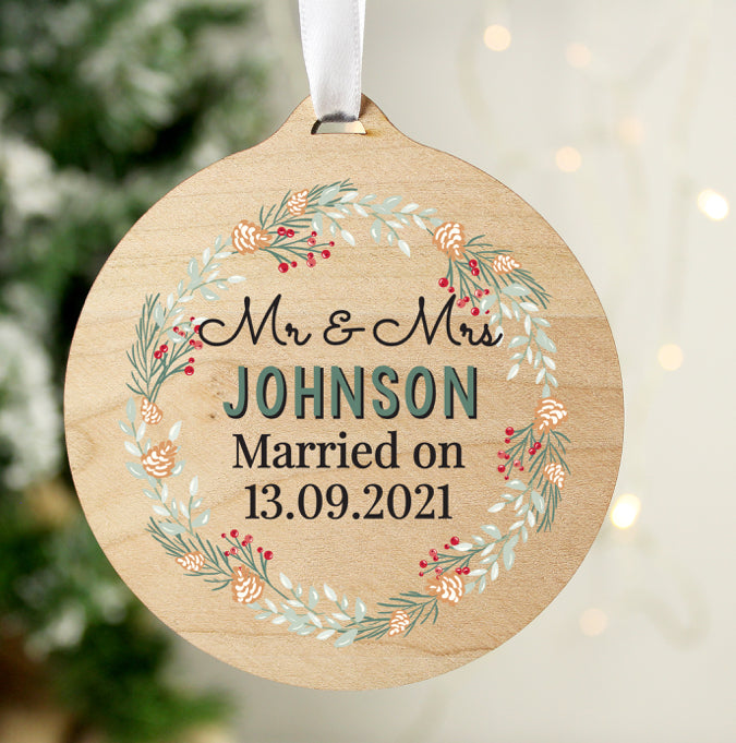 Personalised Wreath Round Wooden Decoration