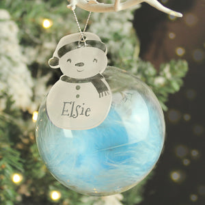 Personalised Snowman Acrylic Blue Feather Bauble