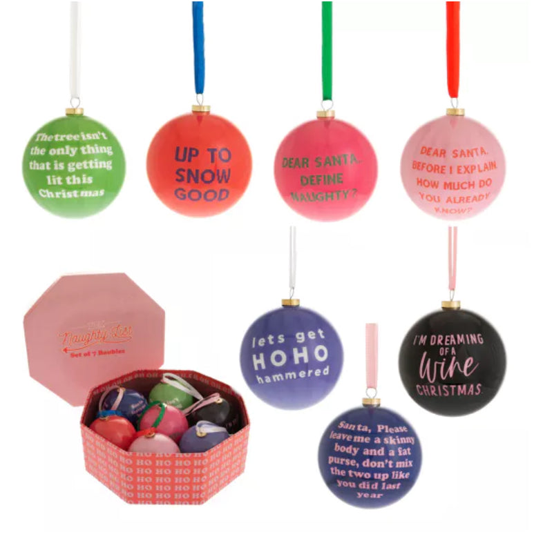 Set Of 7 Naughty List Baubles