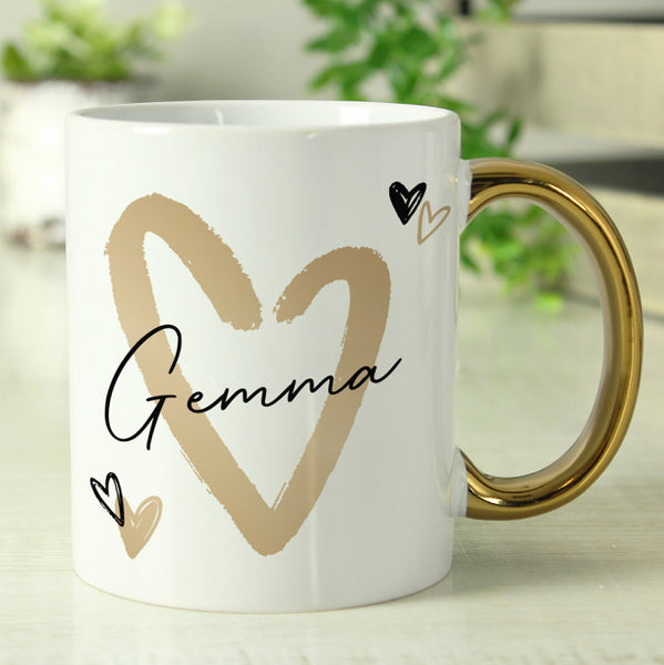 Personalised Hearts Gold Handled Mug