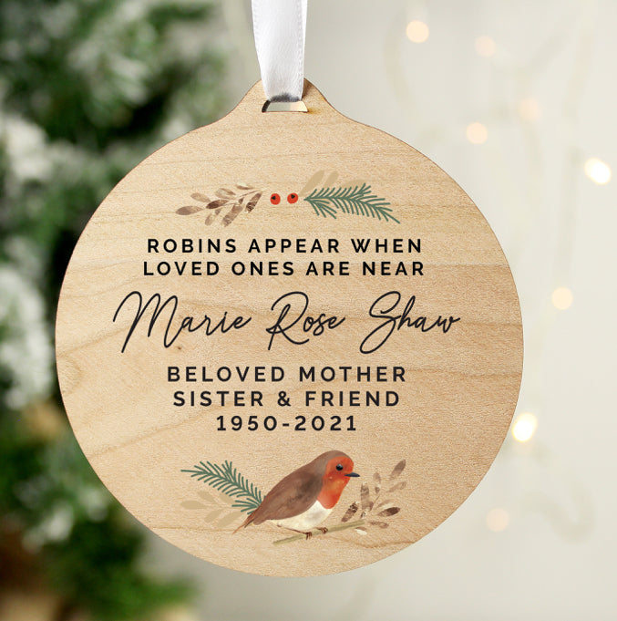 Personalised Robin Memorial Round Wooden Decoration