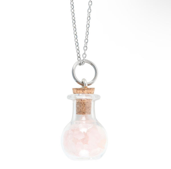 Love Rose Quartz Crystal Chip Potion Bottle Necklace