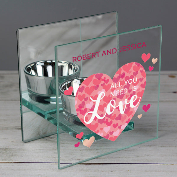 Personalised 'All You Need is Love' Confetti Hearts Glass Tea Light Candle Holder