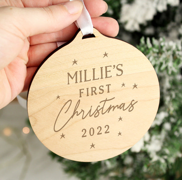 Personalised Baby's First Christmas Round Wooden Decoration