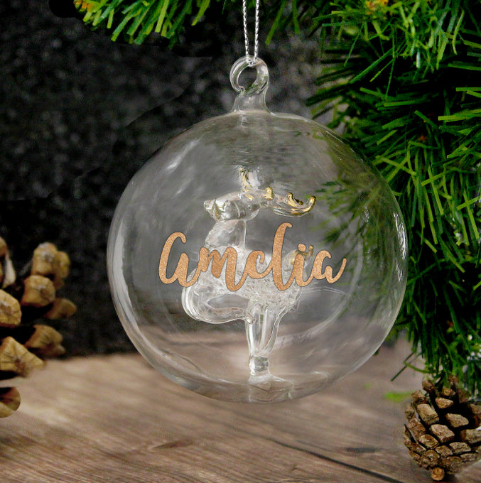 Personalised Gold Glitter Name Only Reindeer Glass Bauble