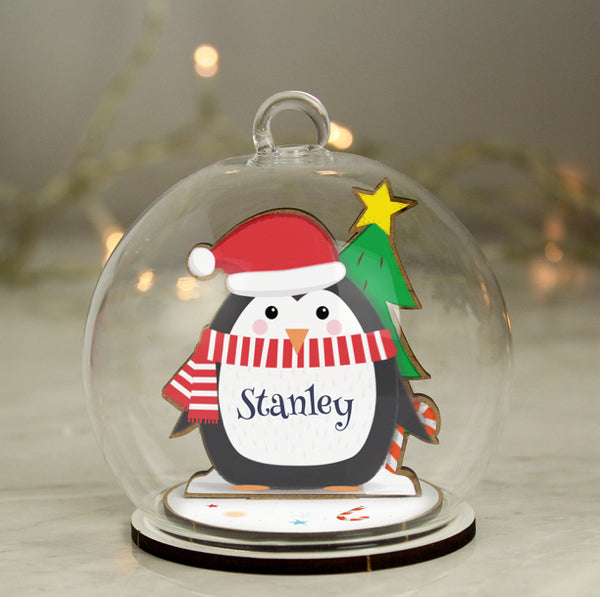 Personalised Wooden Penguin Glass Bauble