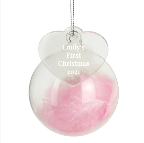 Personalised Free Text Pink Feather Glass Bauble With Heart Tag