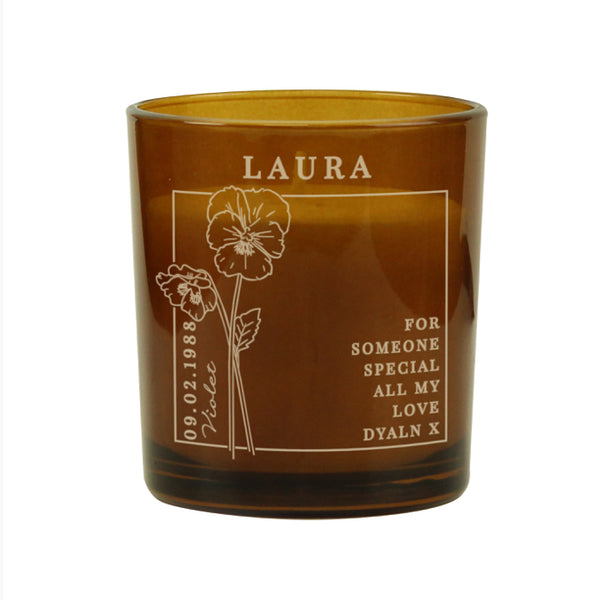 Personalised February Birth Flower Amber Glass Candle