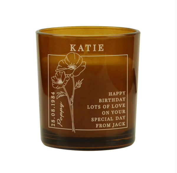 Personalised August Birth Flower Amber Glass Candle