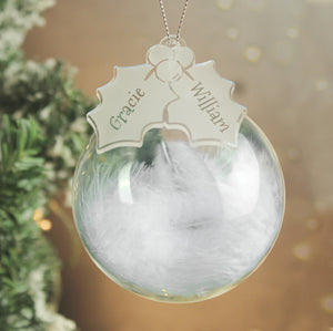 Personalised Holly Acrylic White Feather Bauble