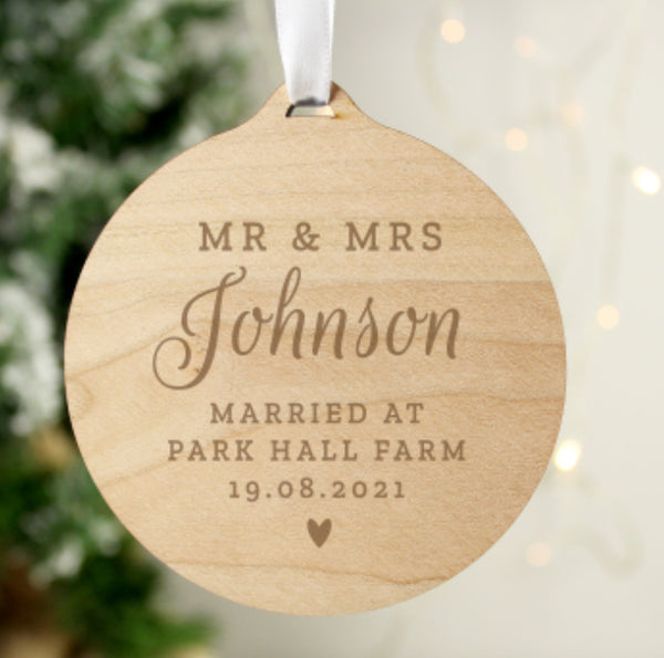 Personalised Mr & Mrs Round Wooden Decoration