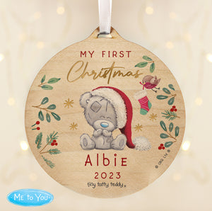 Personalised First Christmas Tiny Tatty Teddy Round Wooden Decoration