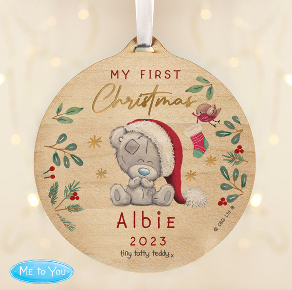 Personalised First Christmas Tiny Tatty Teddy Round Wooden Decoration