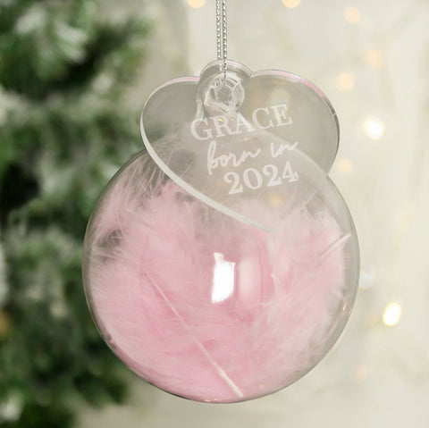 Personalised Born In Pink Feather Glass Bauble With Heart Tag