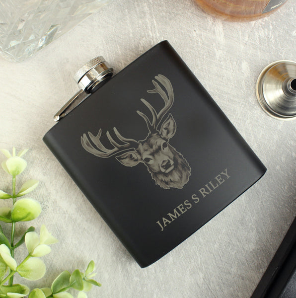 Personalised Stag Black Hip Flask