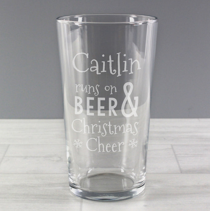 Personalised Runs On Beer & Christmas Cheer Pint Glass