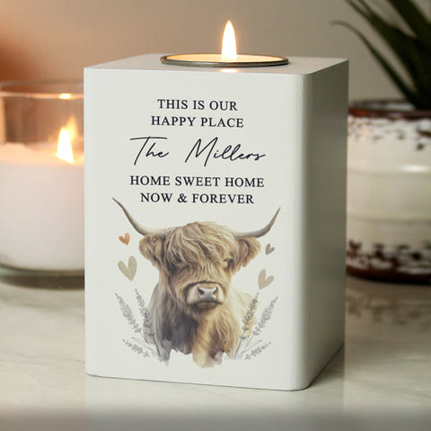 Personalised Highland Cow Wooden Tealight Holder