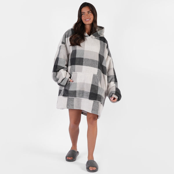 Tartan Winter Check Sherpa Hoodie Blanket, Adults - Grey