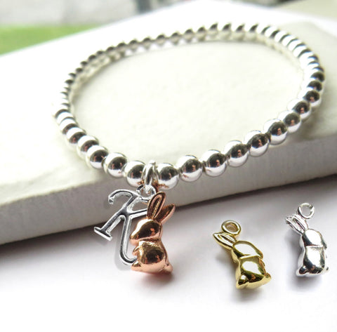 Personalised Intial Bunny Rabbit Charm Beaded Bracelet