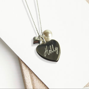 Personalised Silver Heart, Pearl & Mini Heart Charm Necklace